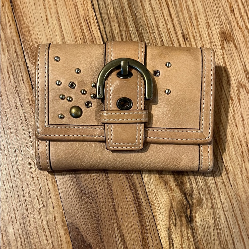 Coach Tan Leather Wallet with Stud Accents